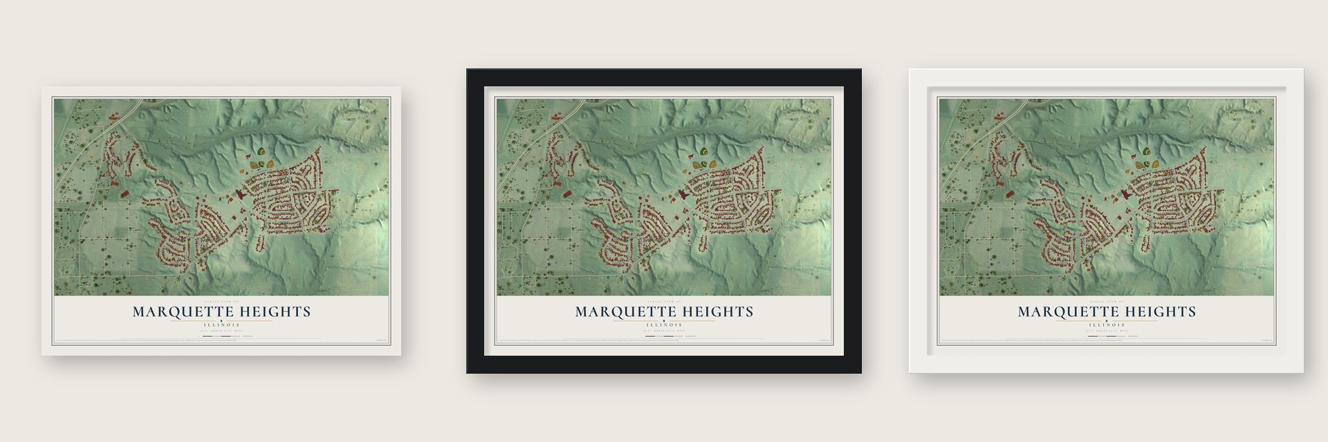 Marquette Heights, Illinois map unframed, in a black wood frame and in a white wood frame
