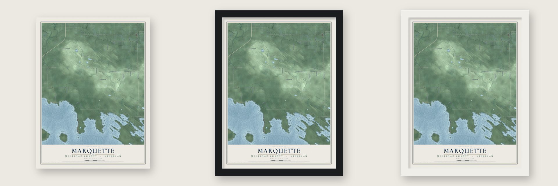 Marquette, Mackinac County, Michigan map unframed, in a black wood frame and in a white wood frame