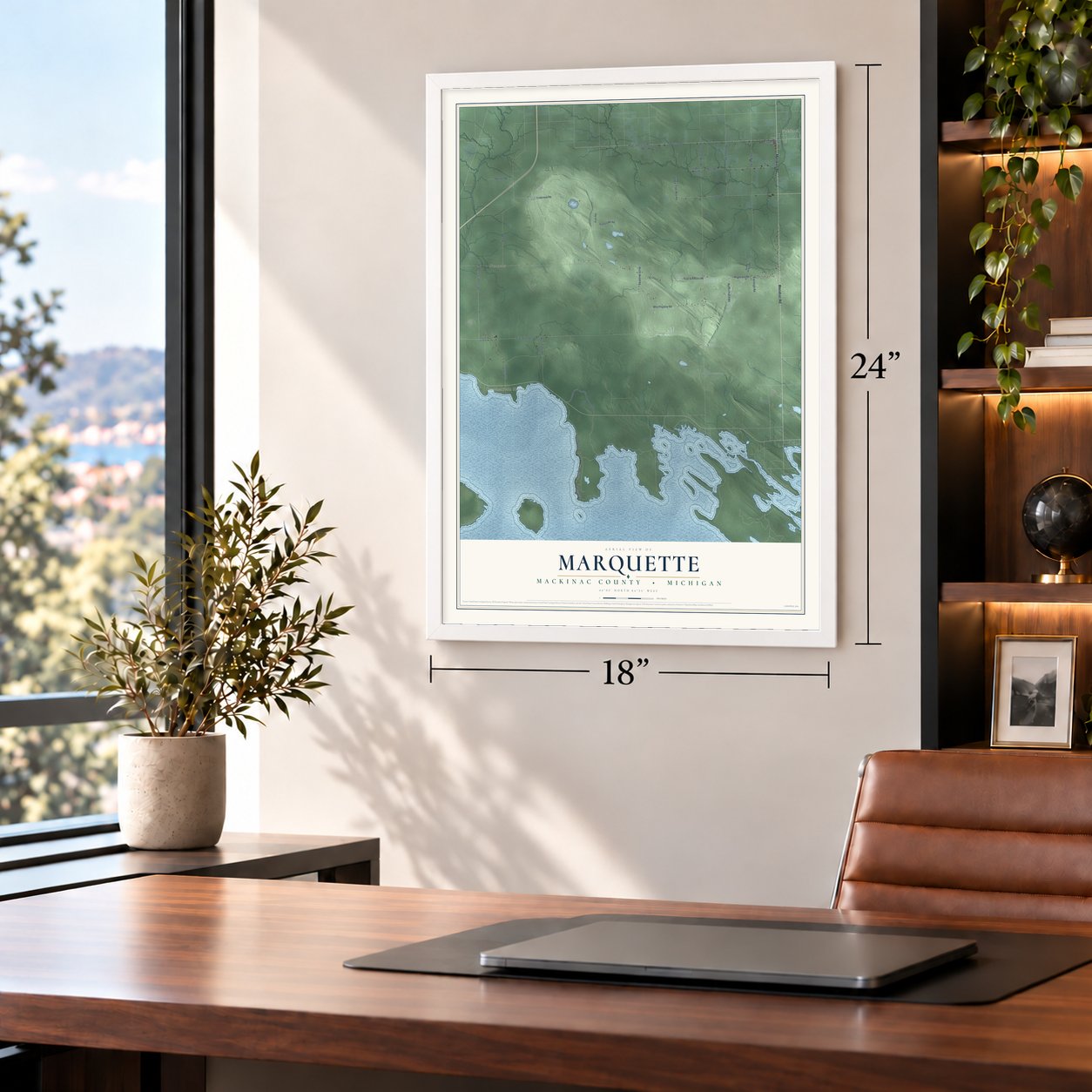 Marquette, Mackinac County, Michigan map, 18 x 24 inch print in a white frame in a home office
