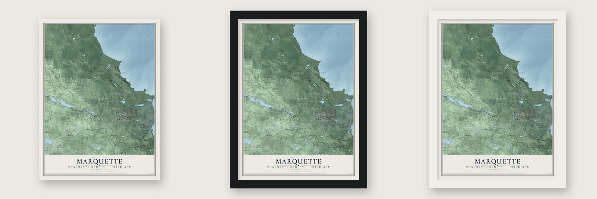 Marquette, Marquette County, Michigan map unframed, in a black wood frame and in a white wood frame