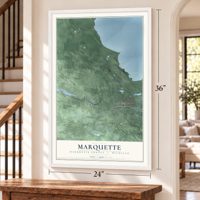 Marquette, Marquette County, Michigan map, 24 x 36 inch print in a white frame by a staircase