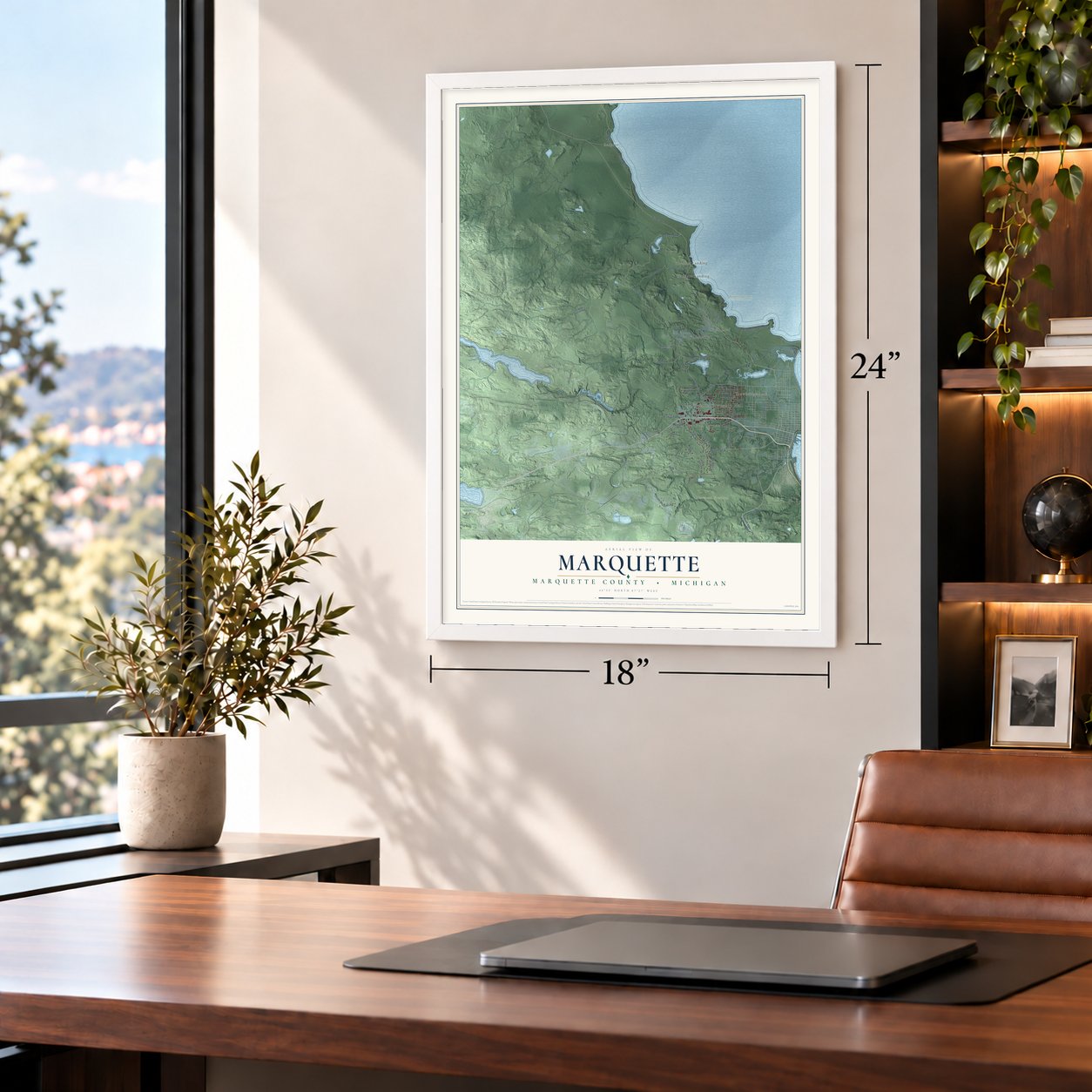 Marquette, Marquette County, Michigan map, 18 x 24 inch print in a white frame in a home office