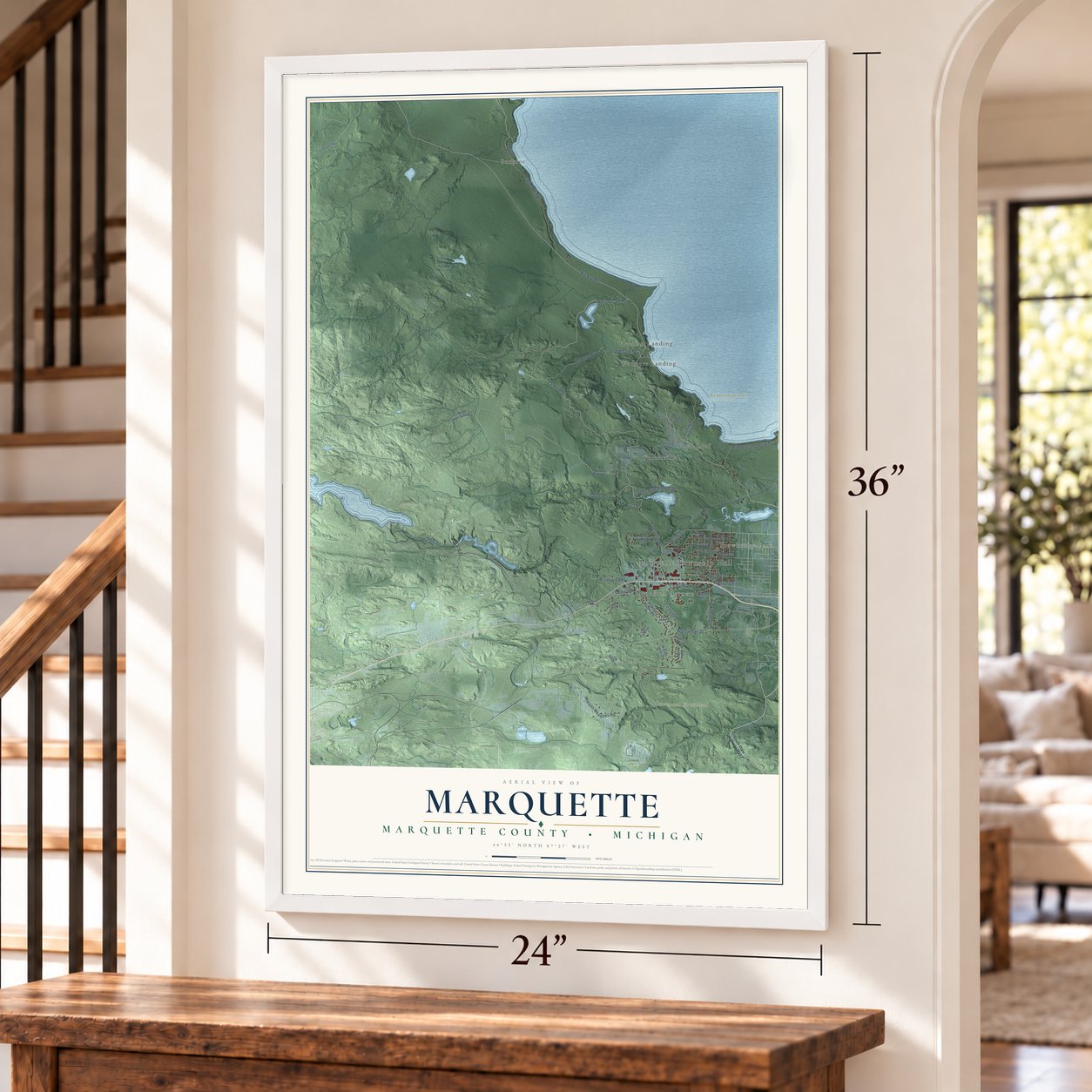 Marquette, Marquette County, Michigan map, 24 x 36 inch print in a white frame by a staircase