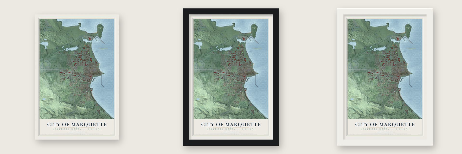 Marquette, Michigan map unframed, in a black wood frame and in a white wood frame