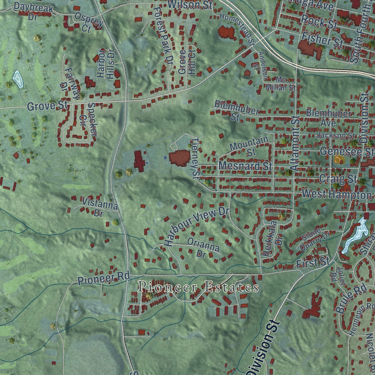 Second close-up of the map of Marquette, Michigan print showing more streets and buildings