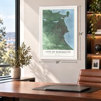 Marquette, Michigan map, 18 x 24 inch print in a white frame in a home office