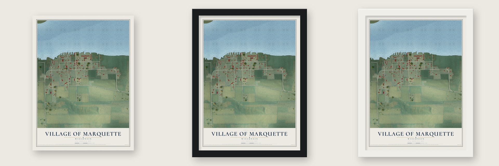 Marquette, Wisconsin map unframed, in a black wood frame and in a white wood frame