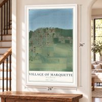 Marquette, Wisconsin map, 24 x 36 inch print in a white frame by a staircase