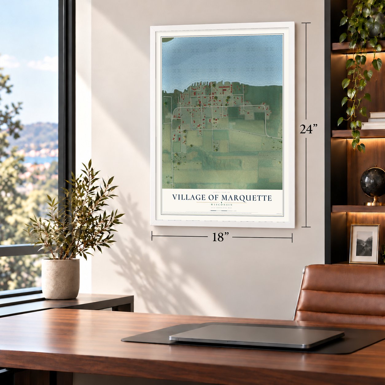 Marquette, Wisconsin map, 18 x 24 inch print in a white frame in a home office
