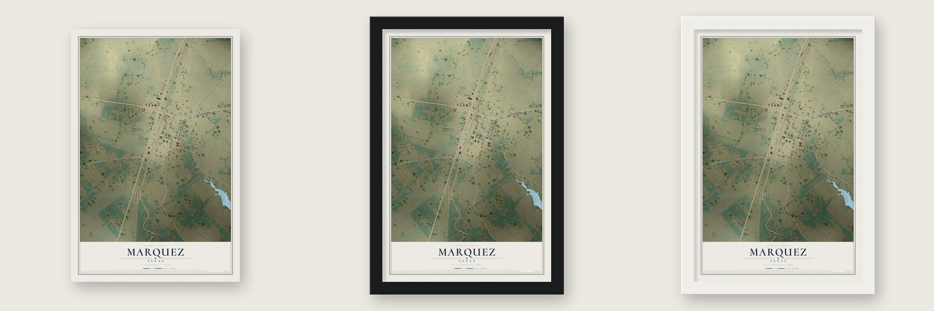 Marquez, Texas map unframed, in a black wood frame and in a white wood frame