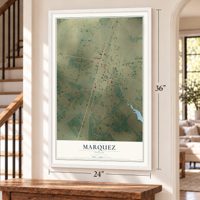 Marquez, Texas map, 24 x 36 inch print in a white frame by a staircase