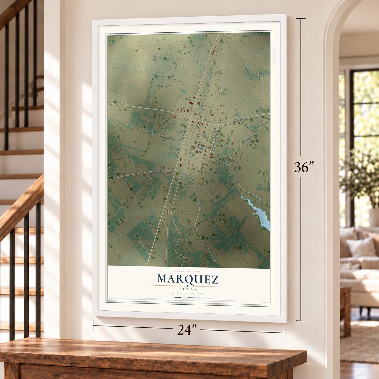 Marquez, Texas map, 24 x 36 inch print in a white frame by a staircase