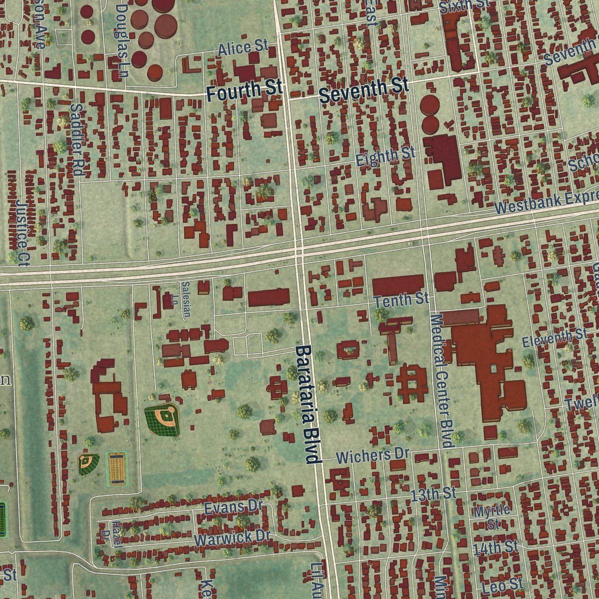 Second close-up of the map of Marrero, Louisiana print showing more streets and buildings