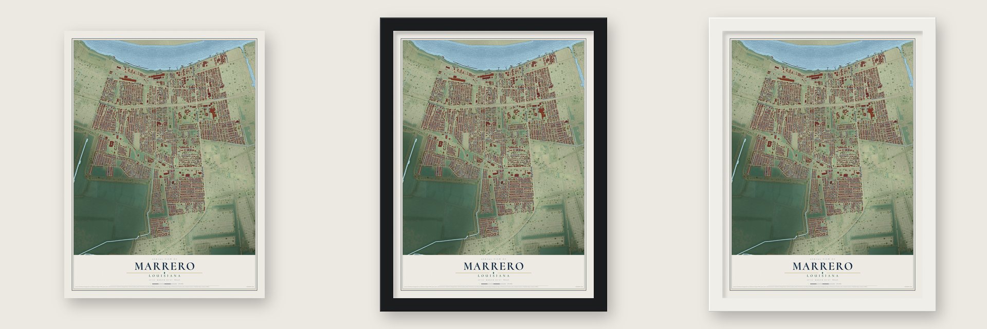 Marrero, Louisiana map unframed, in a black wood frame and in a white wood frame