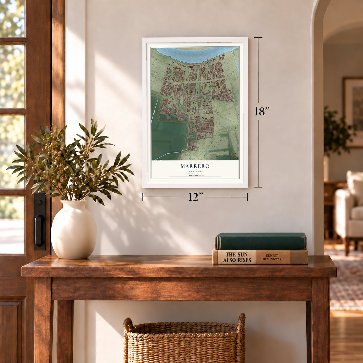 Marrero, Louisiana map, 12 x 18 inch print in a white frame in an entryway