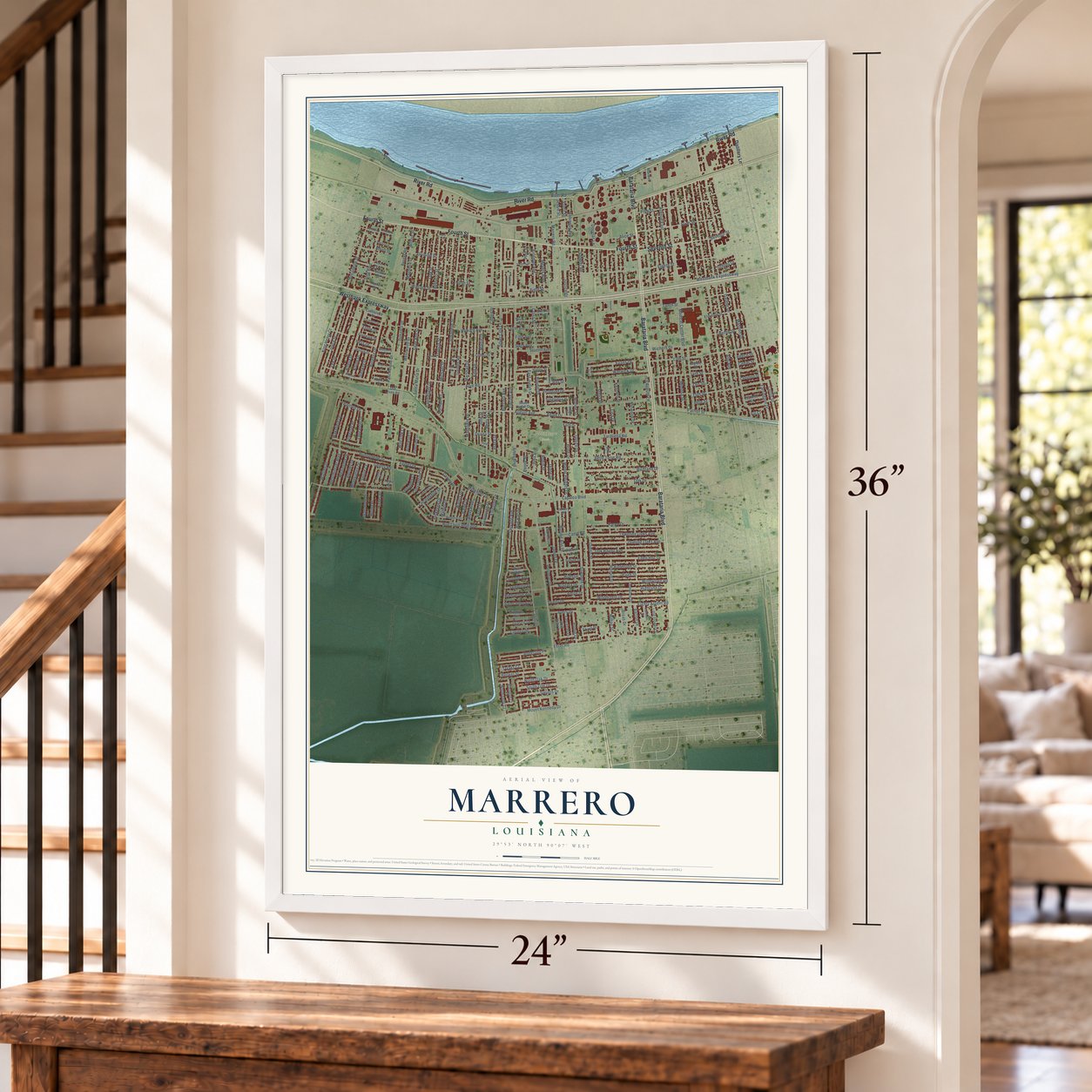 Marrero, Louisiana map, 24 x 36 inch print in a white frame by a staircase