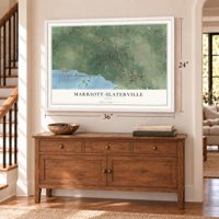 Marriott-Slaterville, Utah map, 24 x 36 inch print in a white frame above a dresser by a staircase