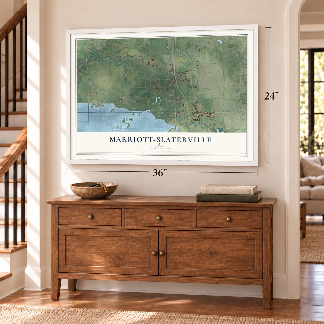 Marriott-Slaterville, Utah map, 24 x 36 inch print in a white frame above a dresser by a staircase