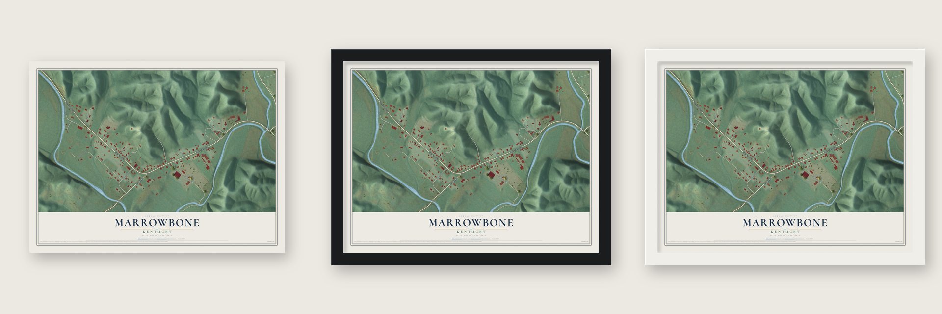 Marrowbone, Kentucky map unframed, in a black wood frame and in a white wood frame