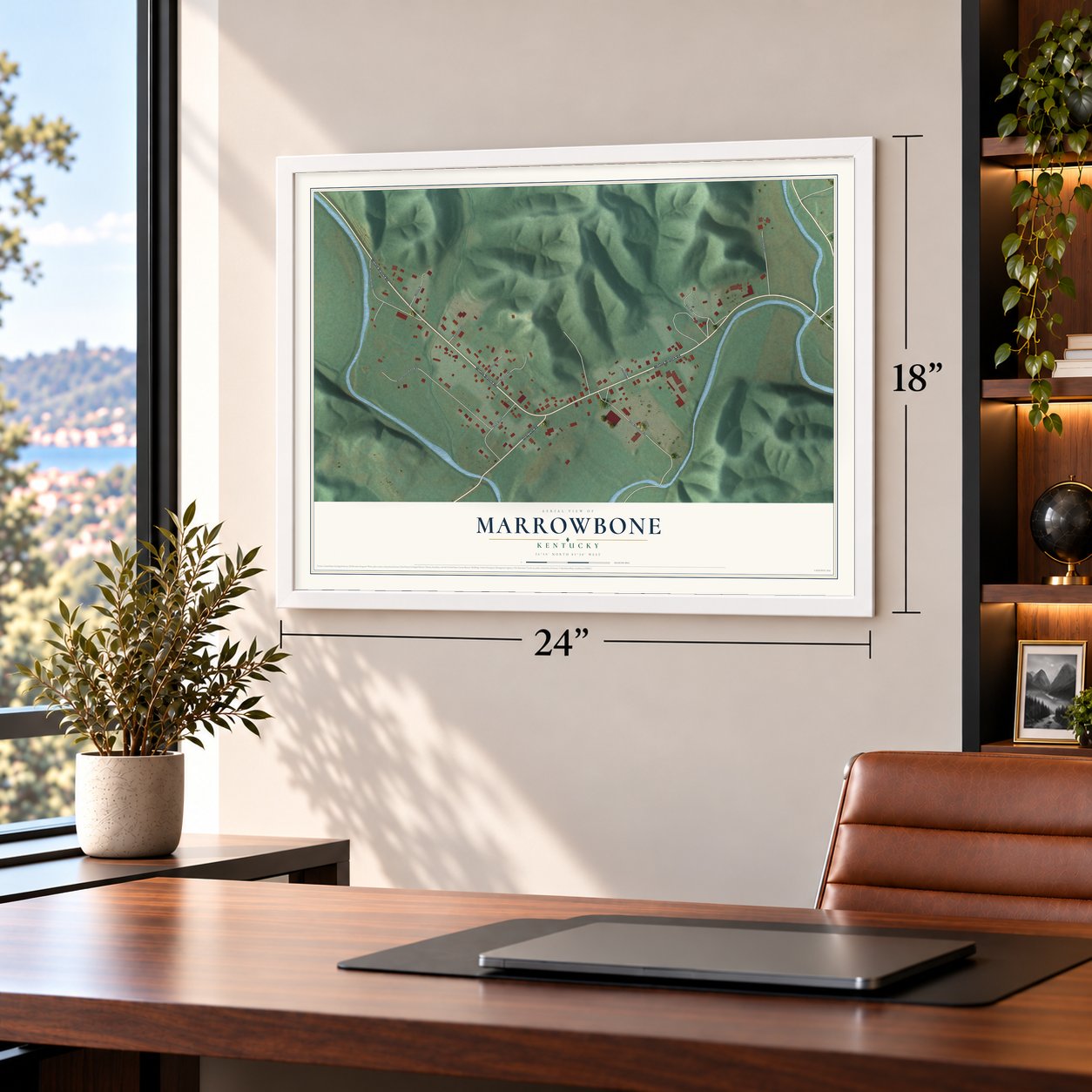 Marrowbone, Kentucky map, 18 x 24 inch print in a white frame in a home office
