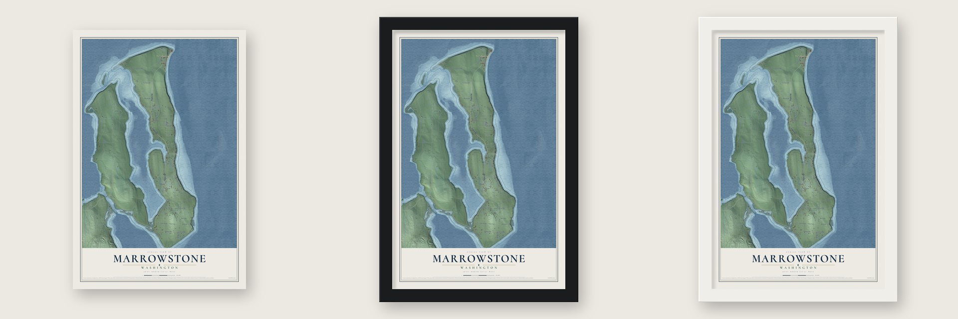Marrowstone, Washington map unframed, in a black wood frame and in a white wood frame