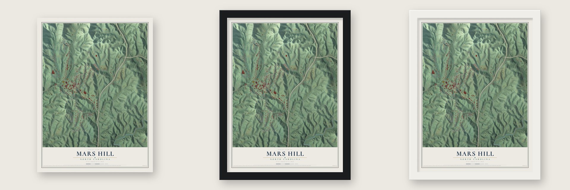 Mars Hill, North Carolina map unframed, in a black wood frame and in a white wood frame