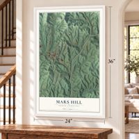 Mars Hill, North Carolina map, 24 x 36 inch print in a white frame by a staircase