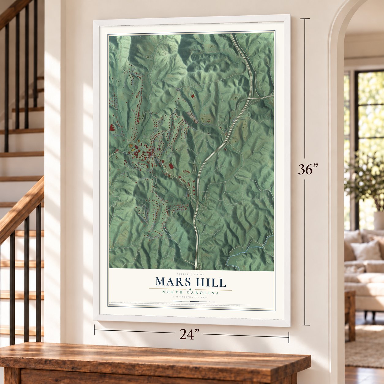Mars Hill, North Carolina map, 24 x 36 inch print in a white frame by a staircase
