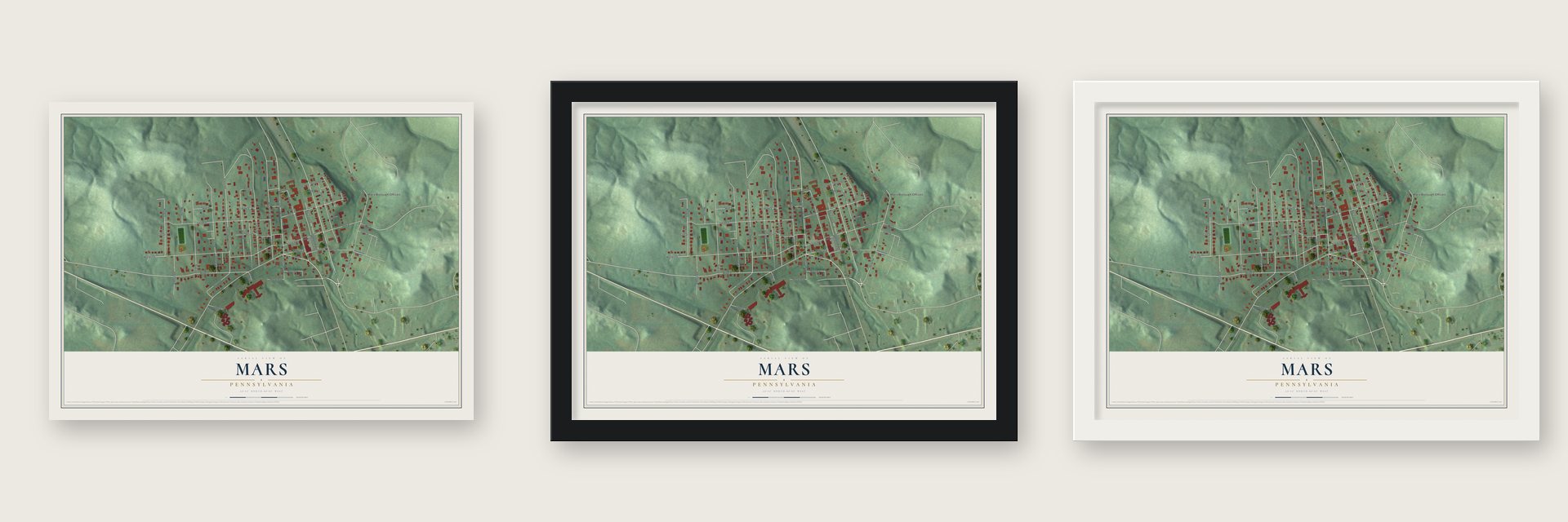 Mars, Pennsylvania map unframed, in a black wood frame and in a white wood frame