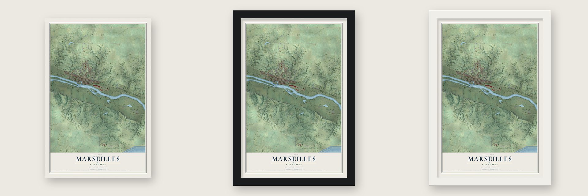 Marseilles, Illinois map unframed, in a black wood frame and in a white wood frame