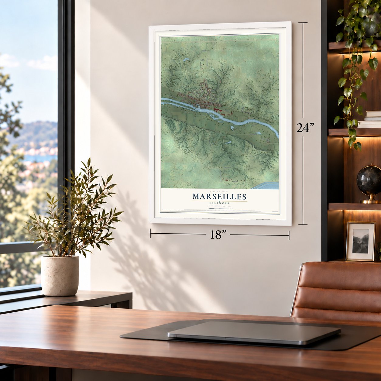 Marseilles, Illinois map, 18 x 24 inch print in a white frame in a home office