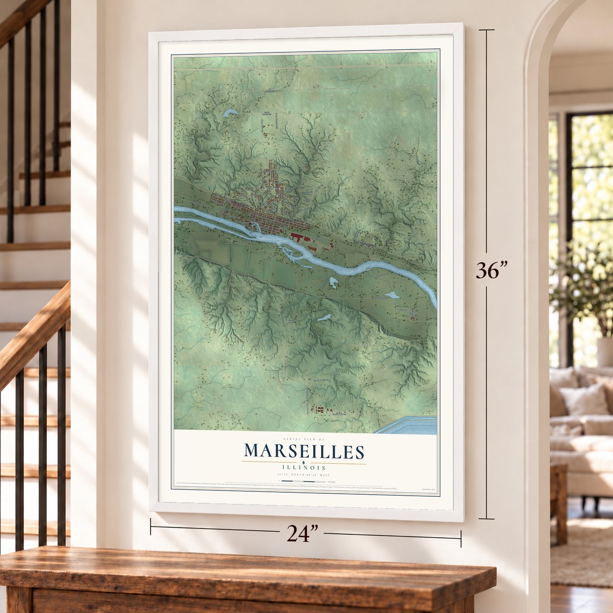 Marseilles, Illinois map, 24 x 36 inch print in a white frame by a staircase