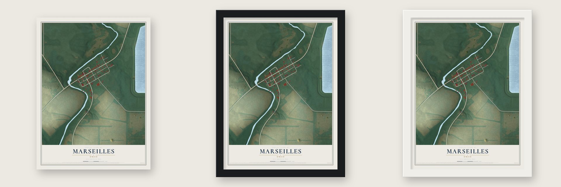 Marseilles, Ohio map unframed, in a black wood frame and in a white wood frame
