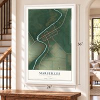 Marseilles, Ohio map, 24 x 36 inch print in a white frame by a staircase