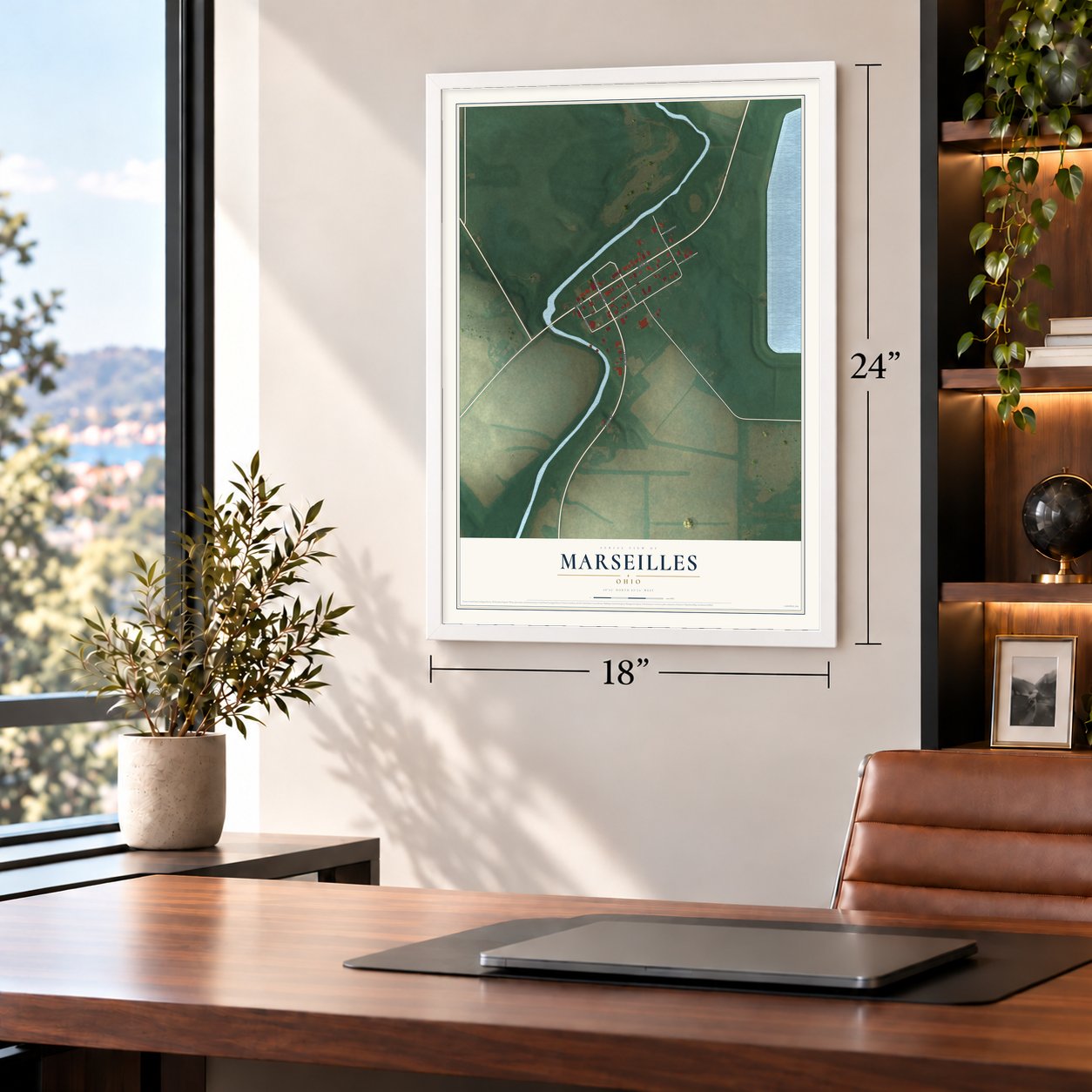 Marseilles, Ohio map, 18 x 24 inch print in a white frame in a home office