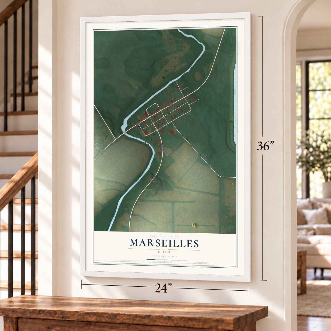 Marseilles, Ohio map, 24 x 36 inch print in a white frame by a staircase