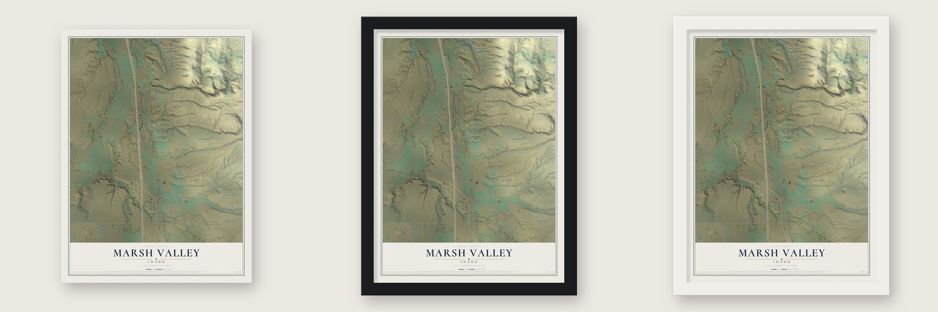 Marsh Valley, Idaho map unframed, in a black wood frame and in a white wood frame