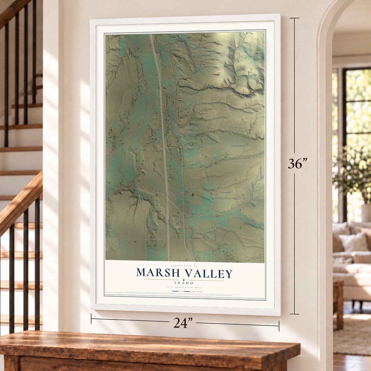 Marsh Valley, Idaho map, 24 x 36 inch print in a white frame by a staircase