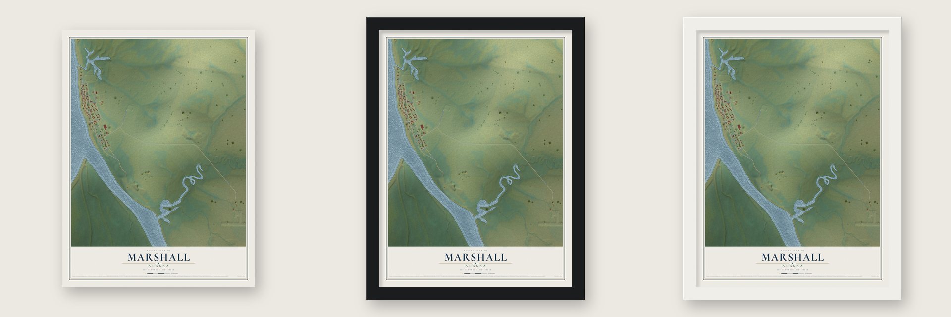 Marshall, Alaska map unframed, in a black wood frame and in a white wood frame