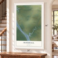 Marshall, Alaska map, 24 x 36 inch print in a white frame by a staircase
