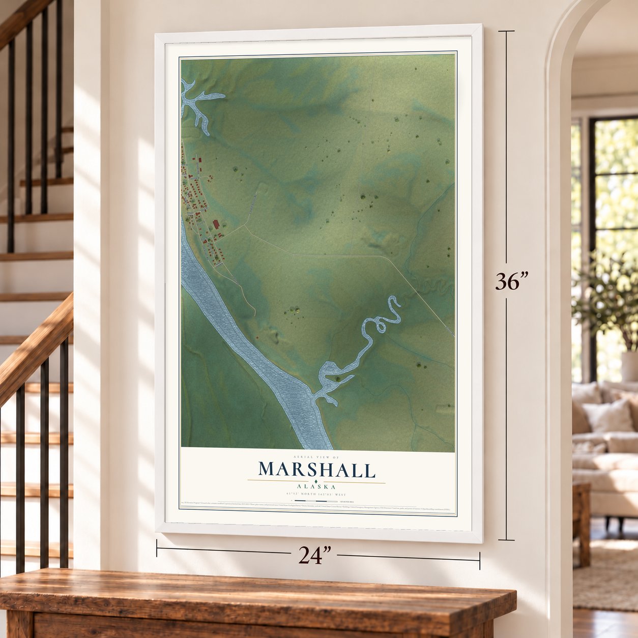 Marshall, Alaska map, 24 x 36 inch print in a white frame by a staircase