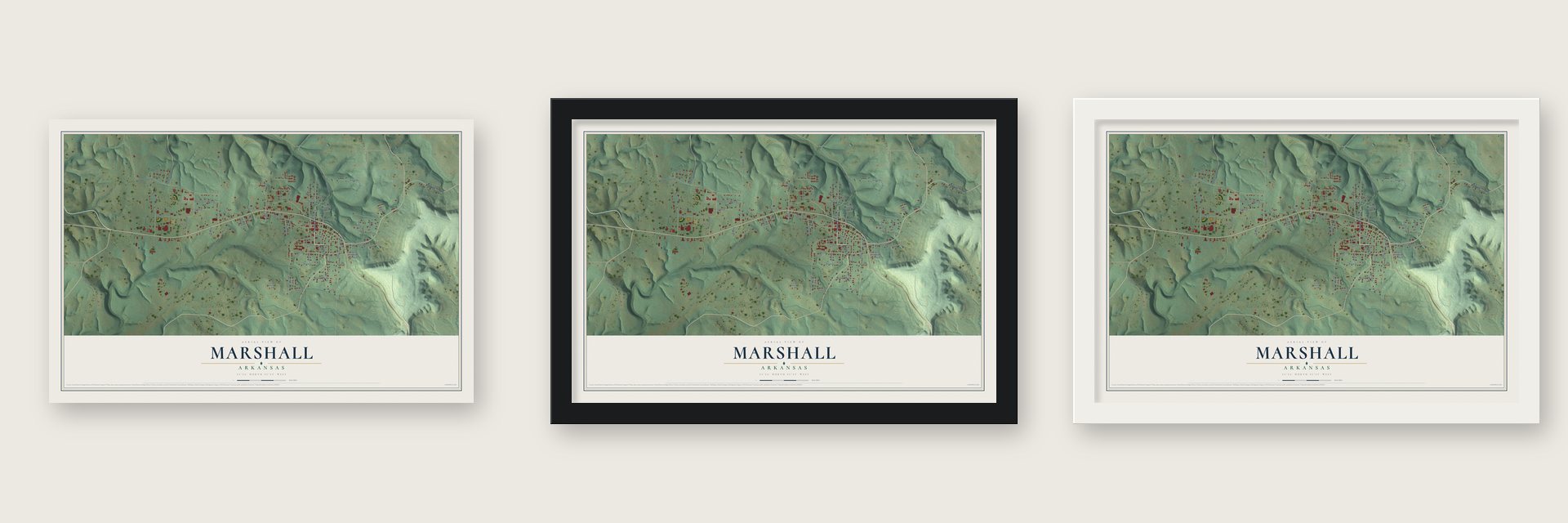 Marshall, Arkansas map unframed, in a black wood frame and in a white wood frame