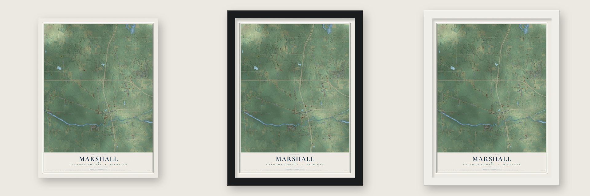 Marshall, Calhoun County, Michigan map unframed, in a black wood frame and in a white wood frame