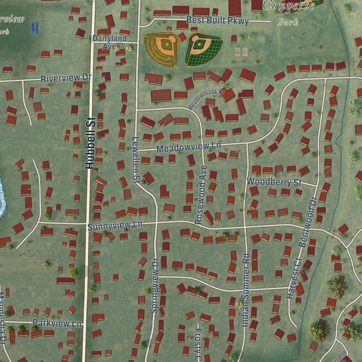 Second close-up of the map of Marshall, Dane County, Wisconsin print showing more streets and buildings