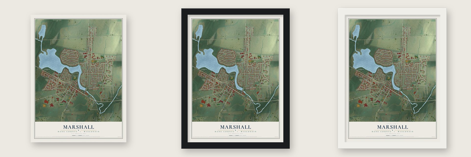 Marshall, Dane County, Wisconsin map unframed, in a black wood frame and in a white wood frame