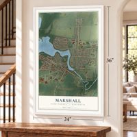 Marshall, Dane County, Wisconsin map, 24 x 36 inch print in a white frame by a staircase