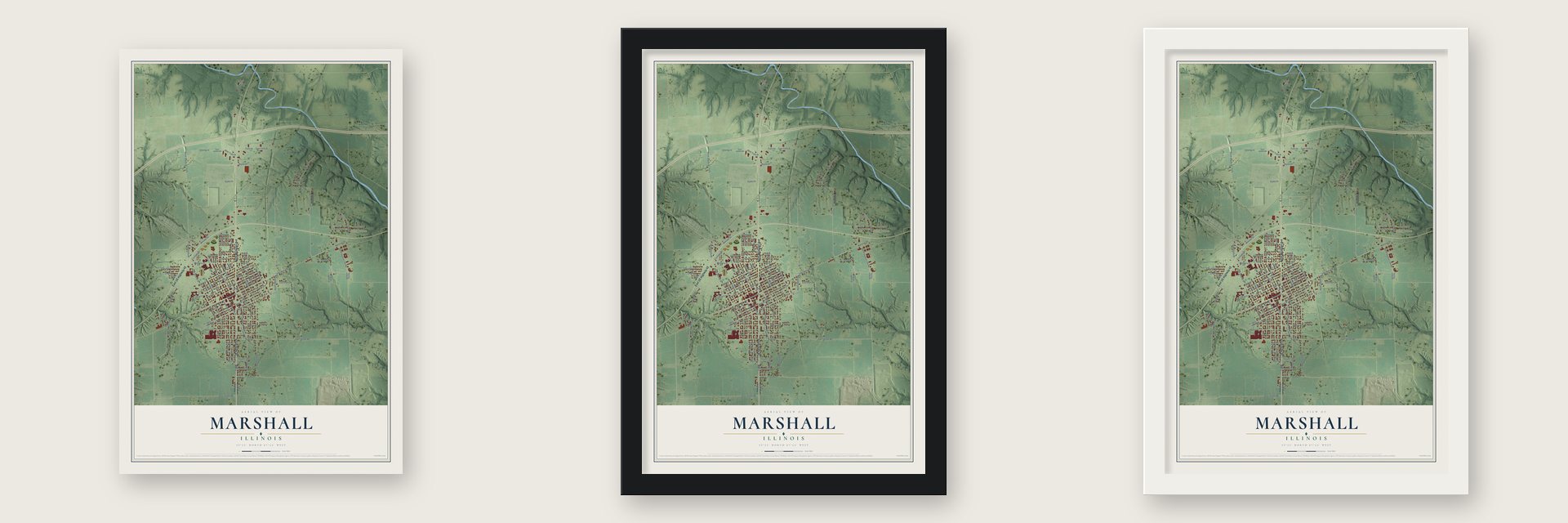 Marshall, Illinois map unframed, in a black wood frame and in a white wood frame