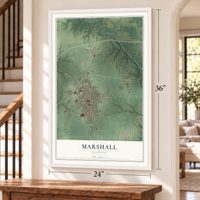 Marshall, Illinois map, 24 x 36 inch print in a white frame by a staircase