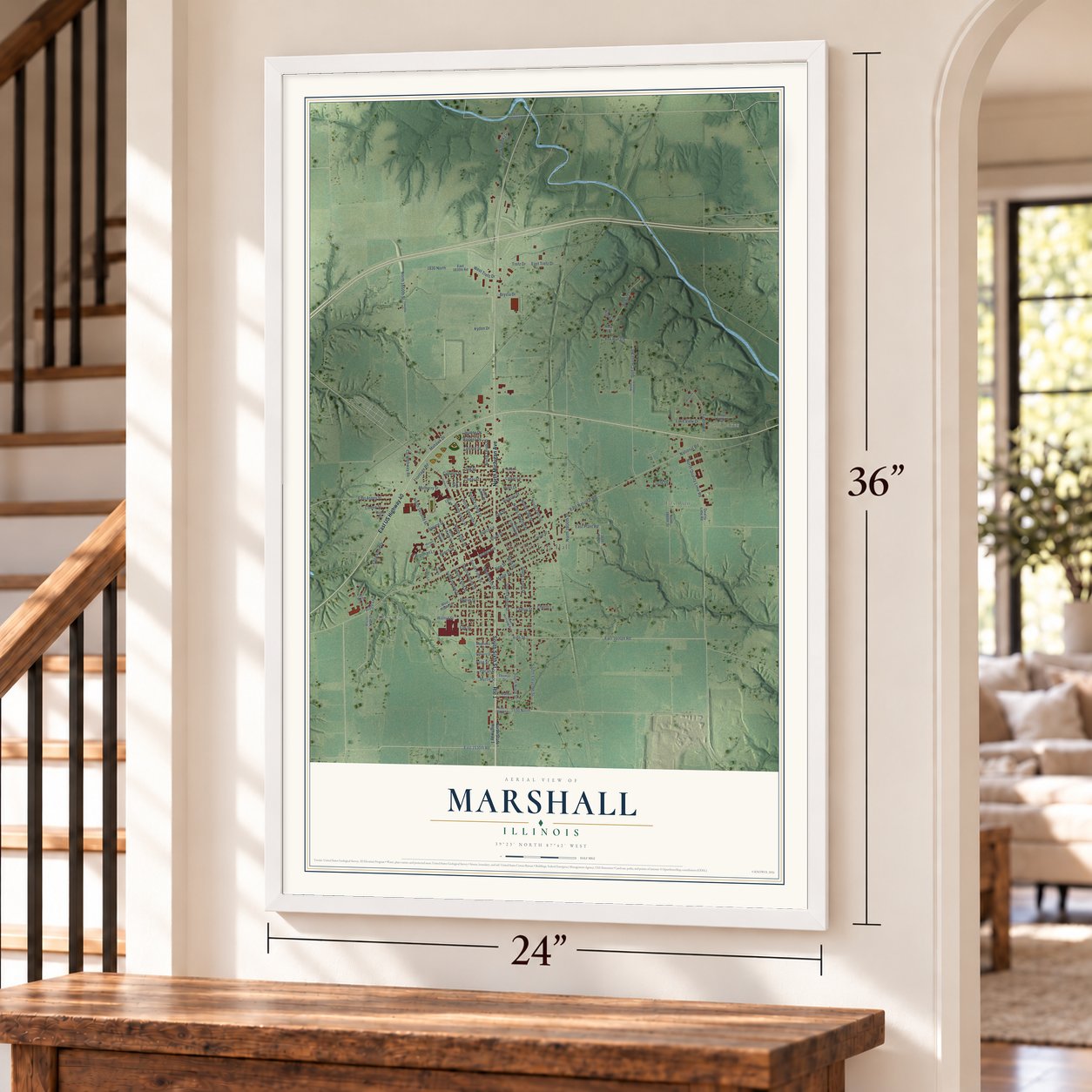 Marshall, Illinois map, 24 x 36 inch print in a white frame by a staircase