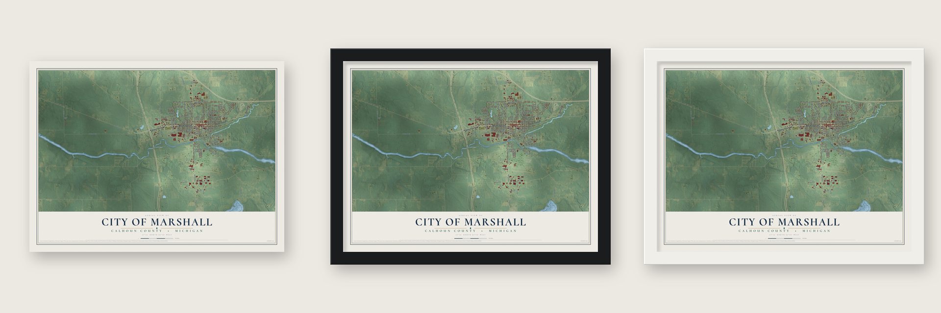 Marshall, Michigan map unframed, in a black wood frame and in a white wood frame